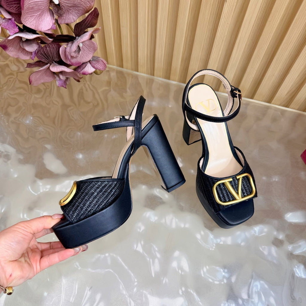 Valentino Signature Platform Sandal Black Leather Raffia 702266