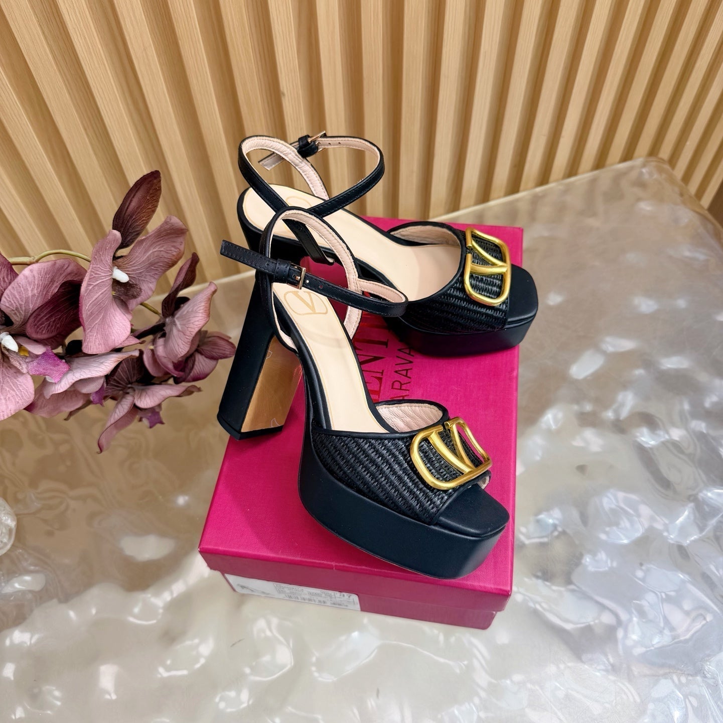 Valentino Signature Platform Sandal Black Leather Raffia 702266