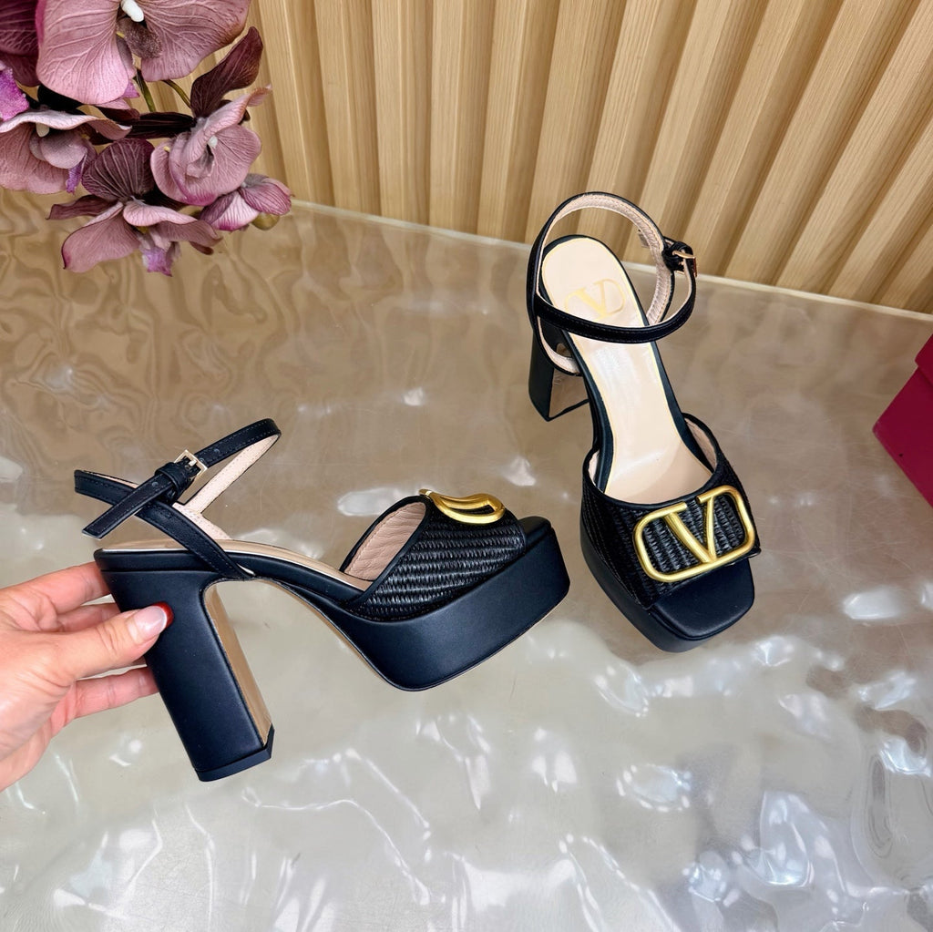 Valentino Signature Platform Sandal Black Leather Raffia 702266