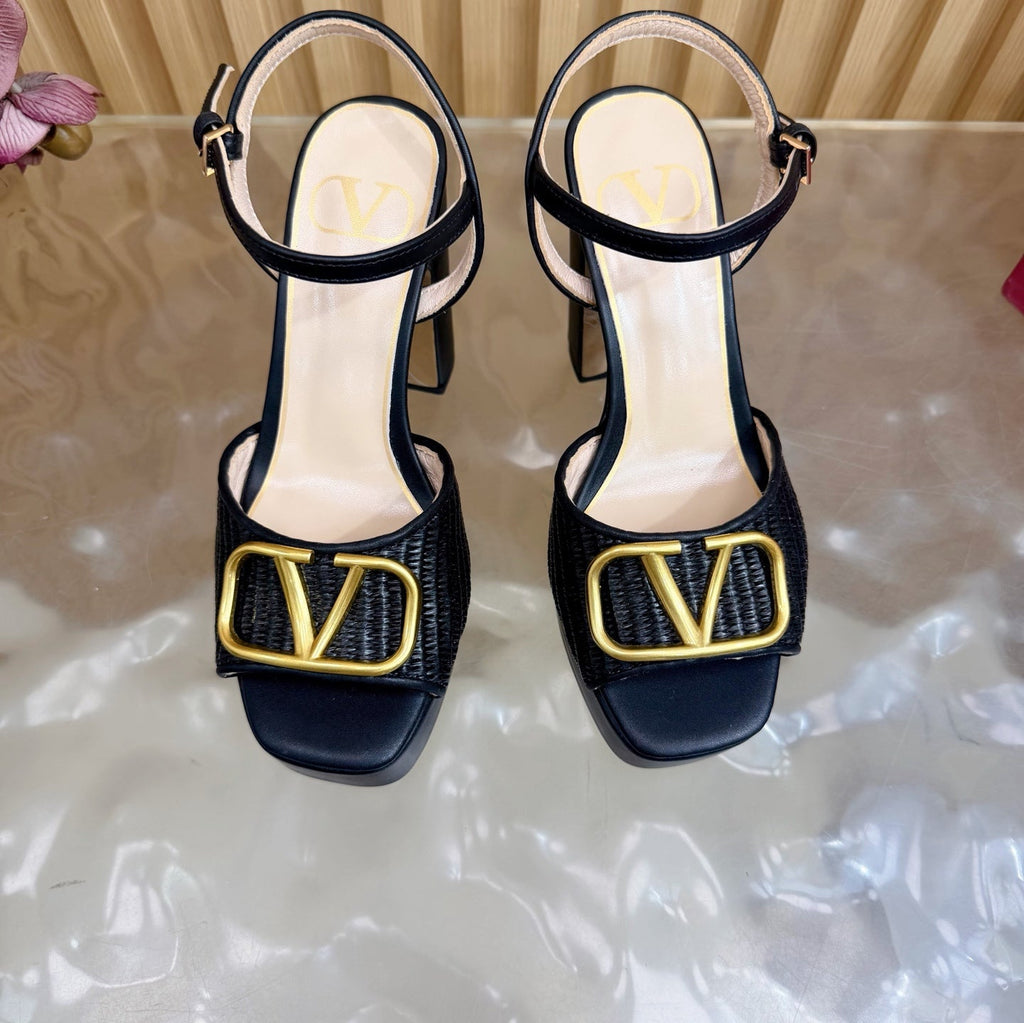 Valentino Signature Platform Sandal Black Leather Raffia 702266