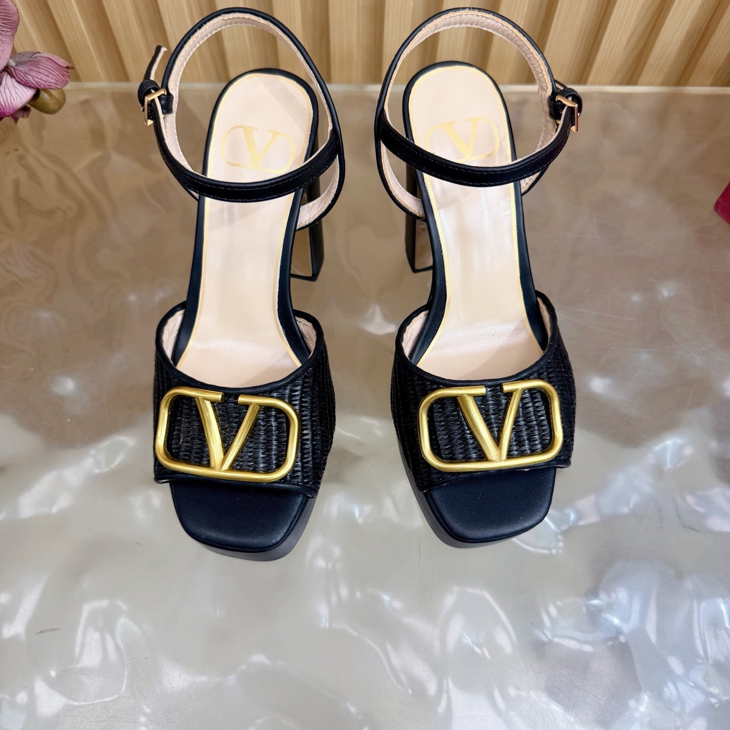Valentino Signature Platform Sandal Black Leather Raffia 702266