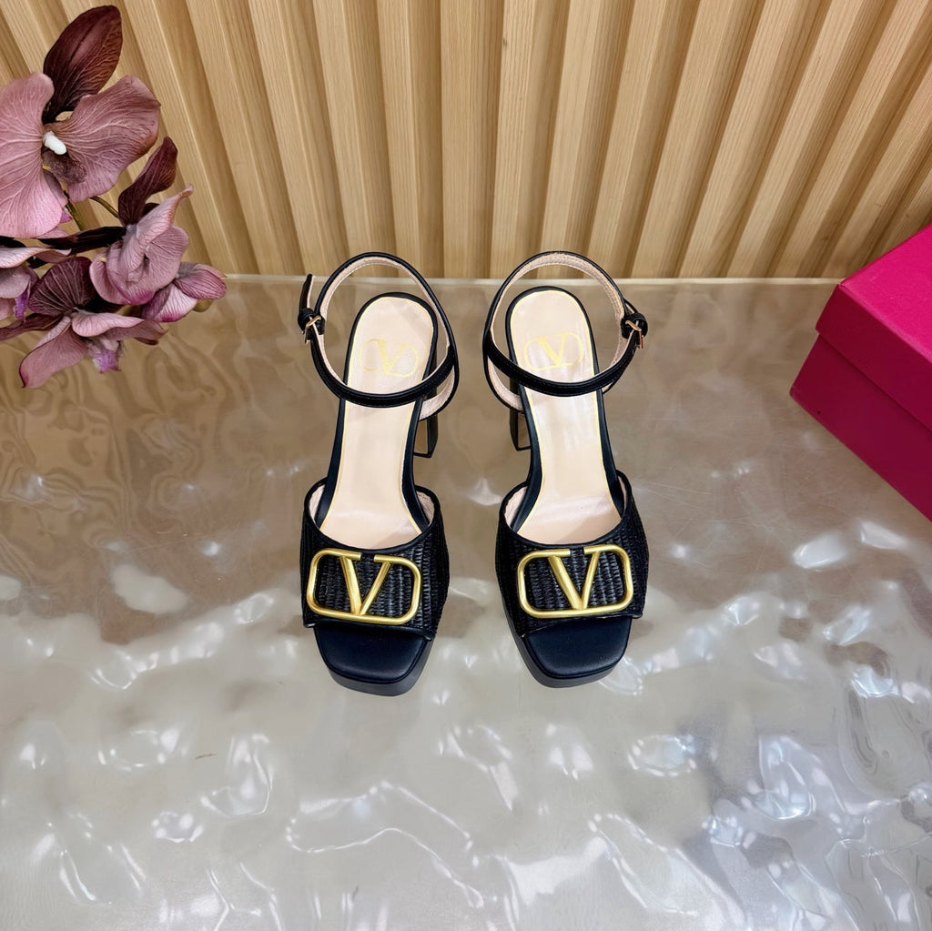 Valentino Signature Platform Sandal Black Leather Raffia 702266
