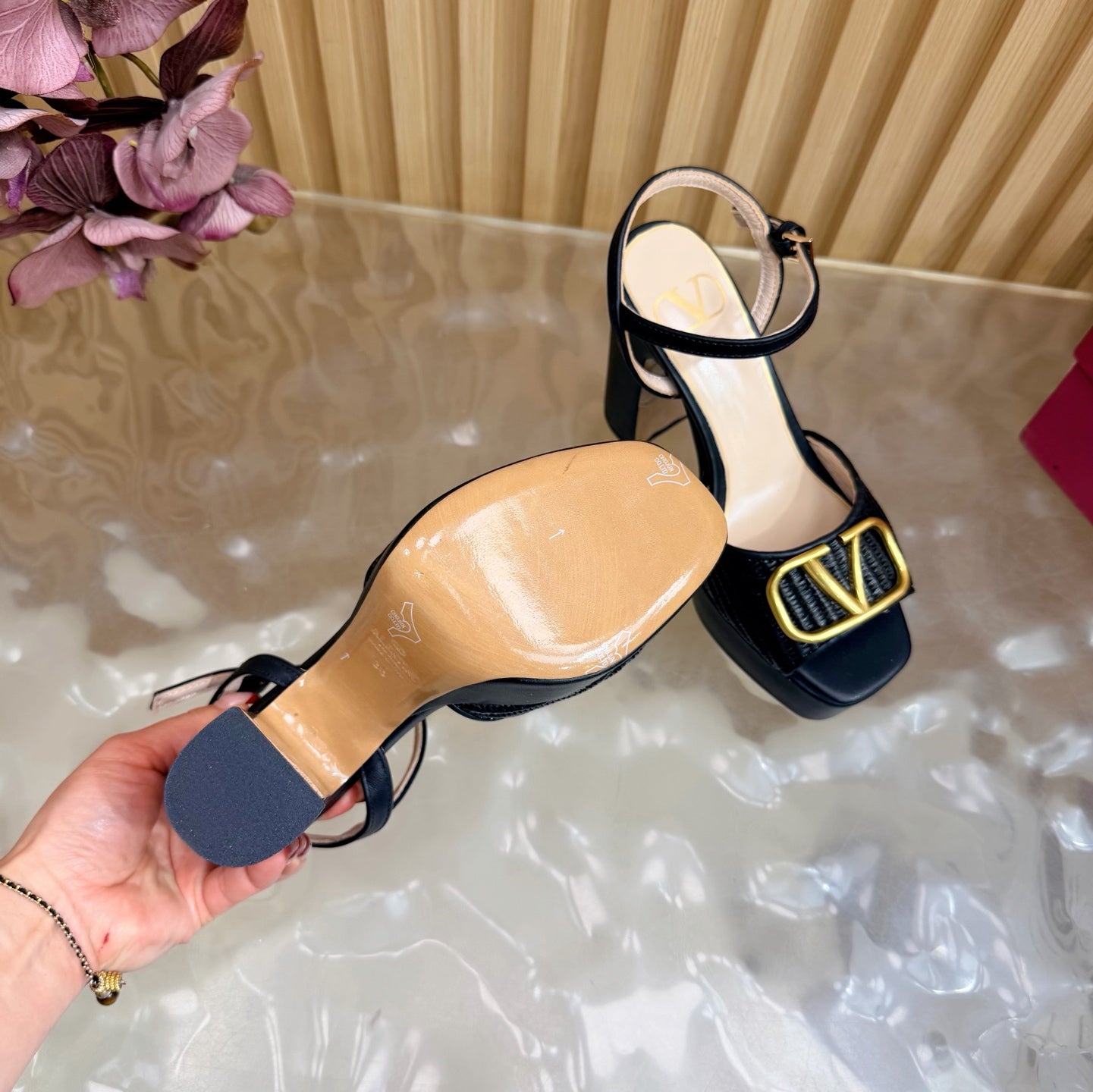 Valentino Signature Platform Sandal Black Leather Raffia 702266