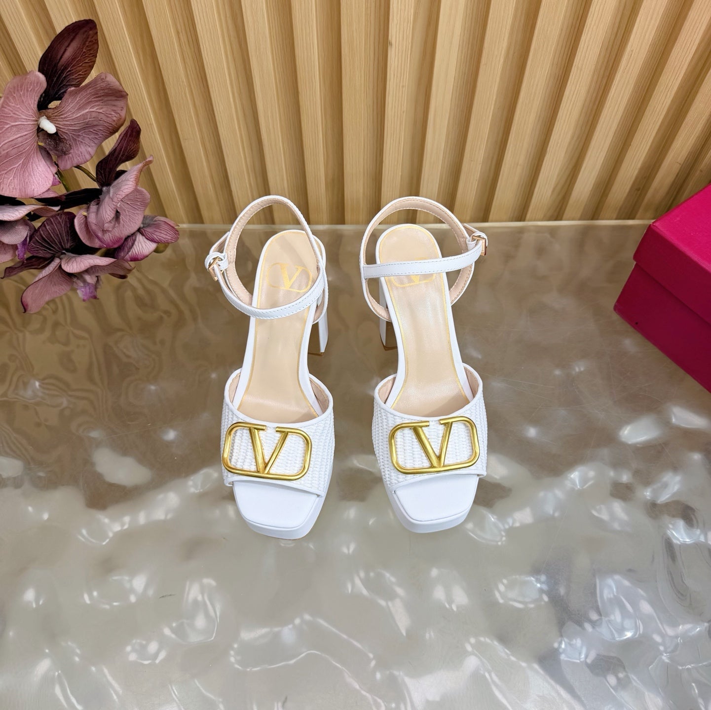 Valentino Signature Platform Sandal White Leather Raffia 702267