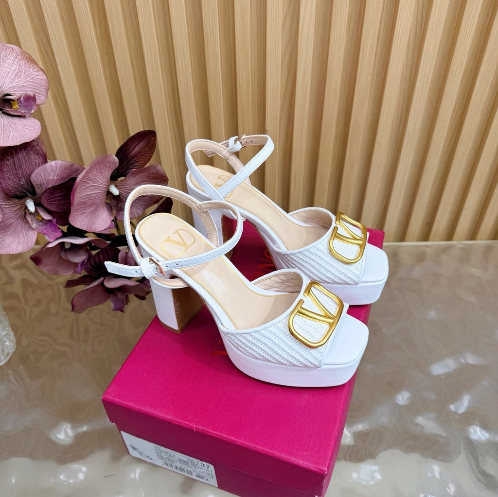 Valentino Signature Platform Sandal White Leather Raffia 702267