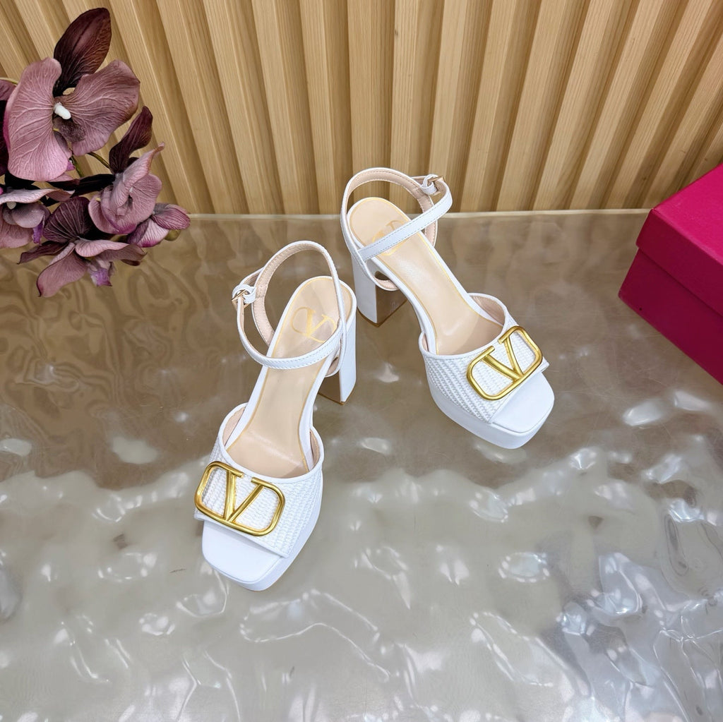 Valentino Signature Platform Sandal White Leather Raffia 702267