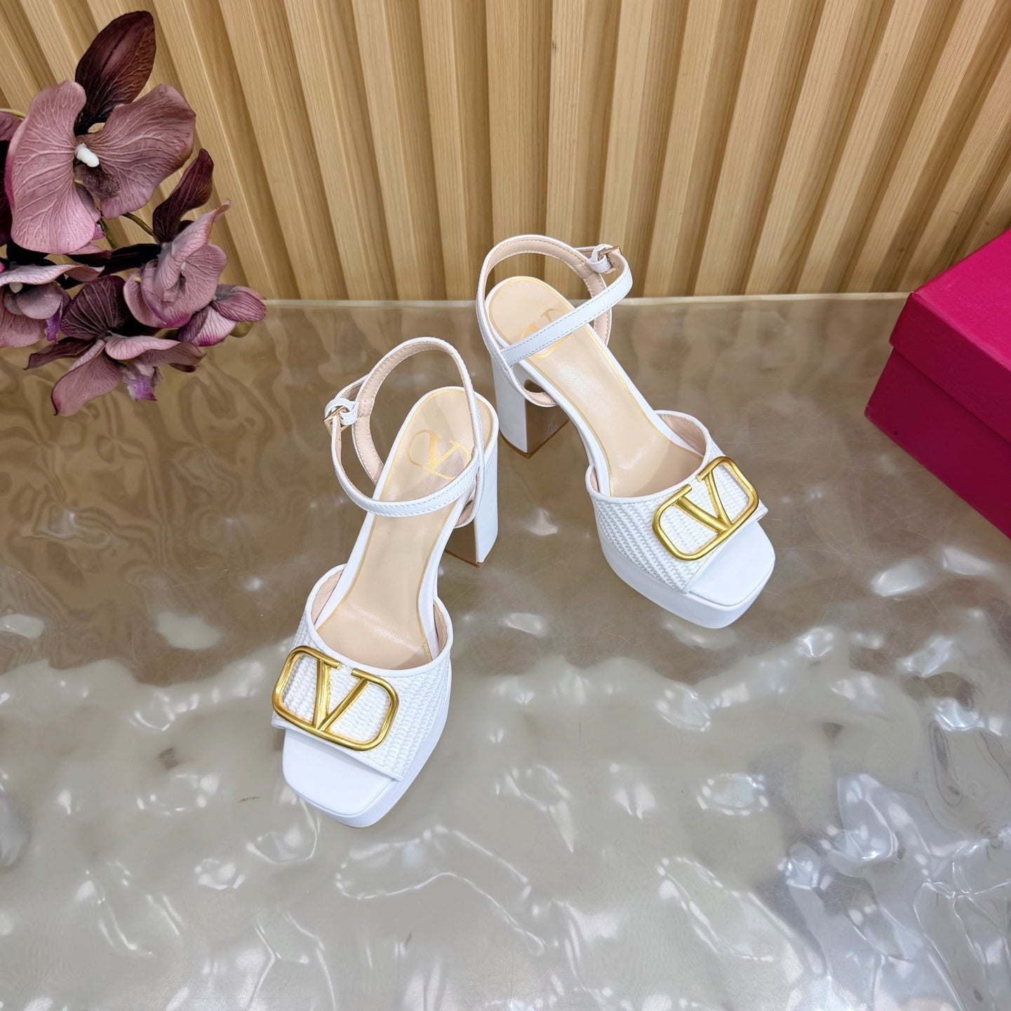 Valentino Signature Platform Sandal White Leather Raffia 702267