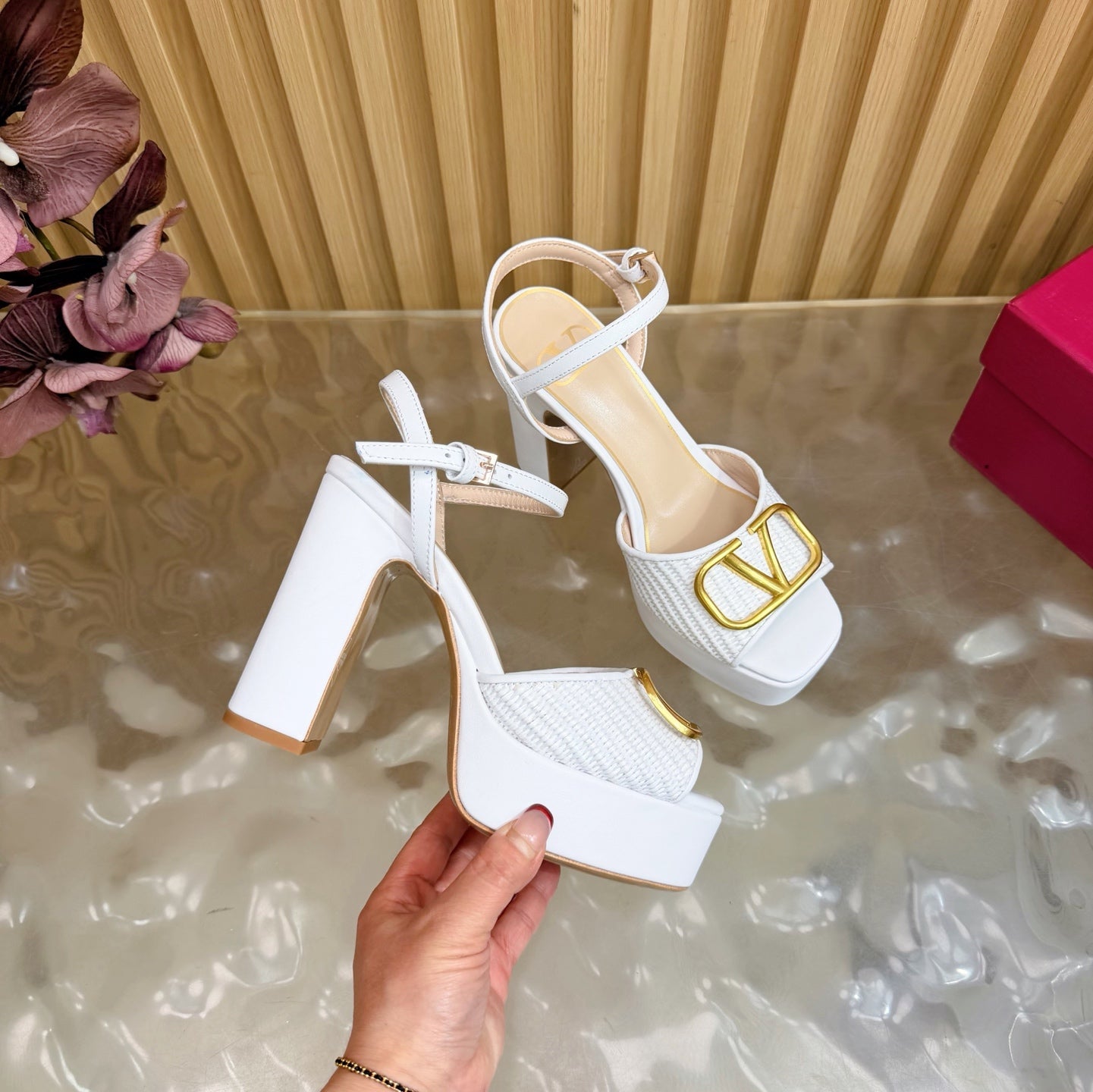 Valentino Signature Platform Sandal White Leather Raffia 702267