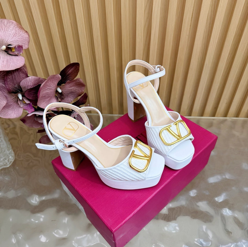Valentino Signature Platform Sandal White Leather Raffia 702267