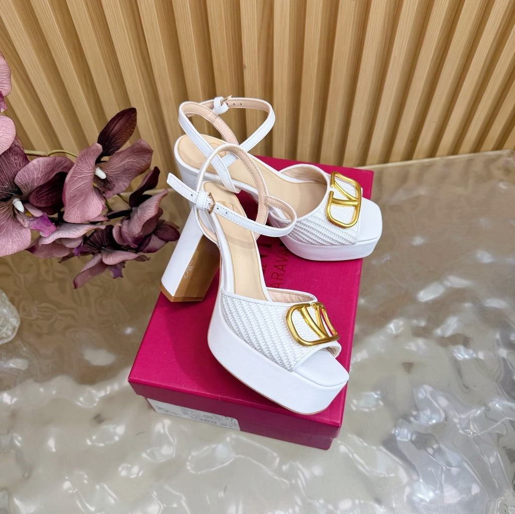 Valentino Signature Platform Sandal White Leather Raffia 702267