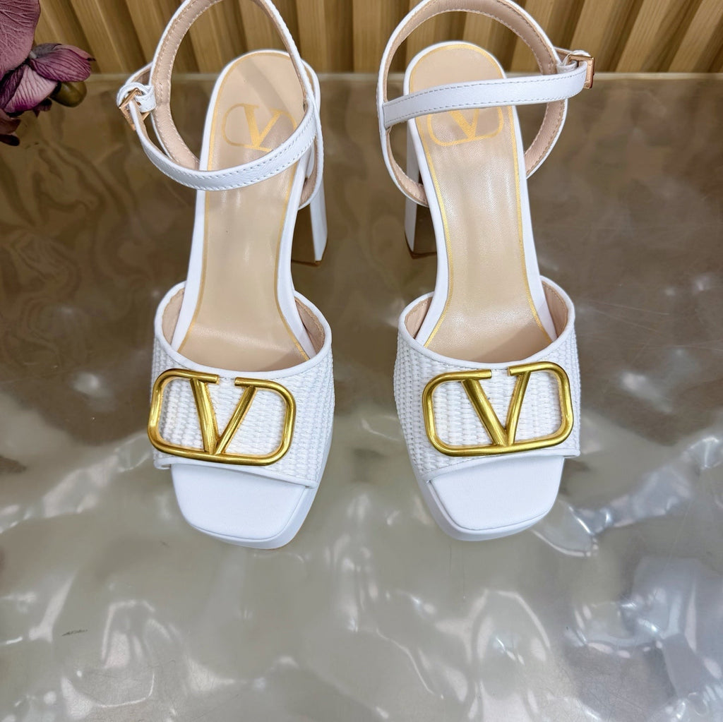 Valentino Signature Platform Sandal White Leather Raffia 702267