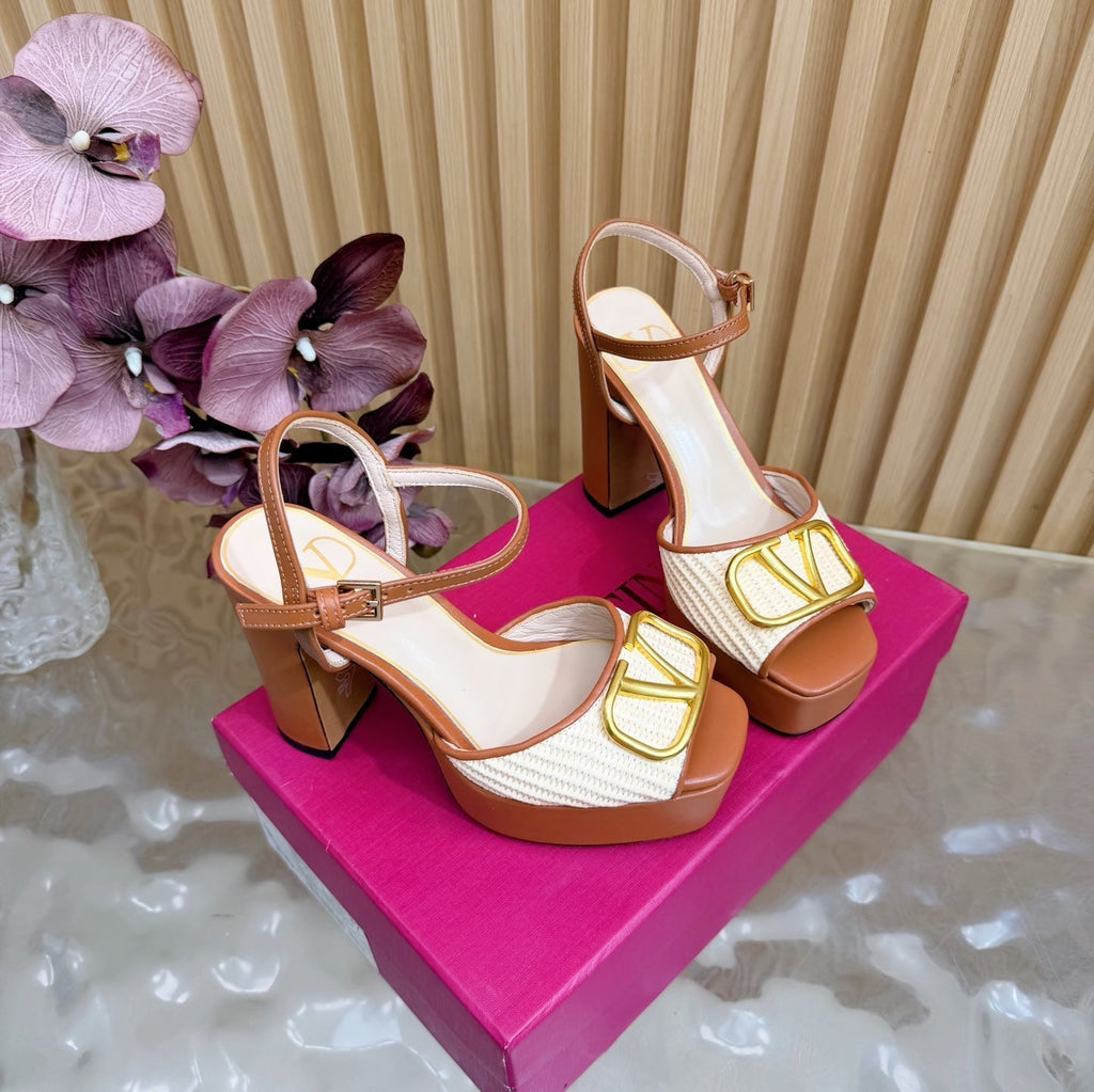 Valentino Signature Platform Sandal Brown Leather Raffia 702268