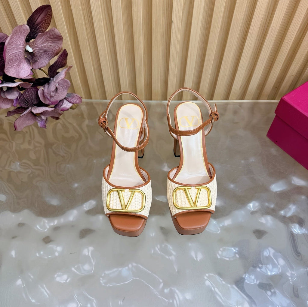 Valentino Signature Platform Sandal Brown Leather Raffia 702268