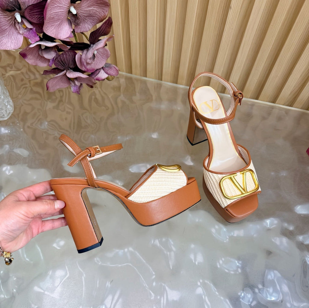 Valentino Signature Platform Sandal Brown Leather Raffia 702268