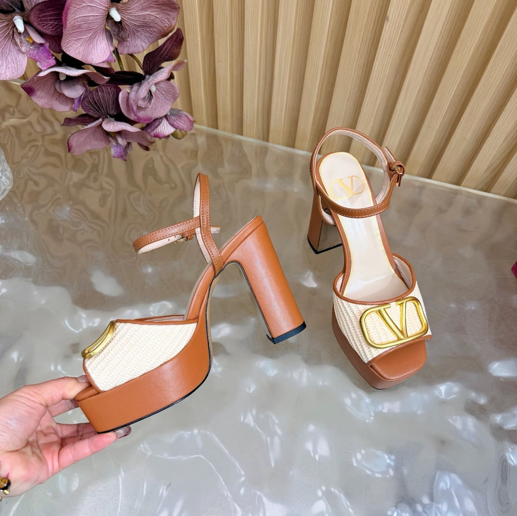 Valentino Signature Platform Sandal Brown Leather Raffia 702268