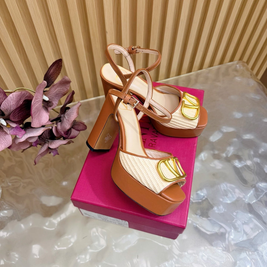 Valentino Signature Platform Sandal Brown Leather Raffia 702268