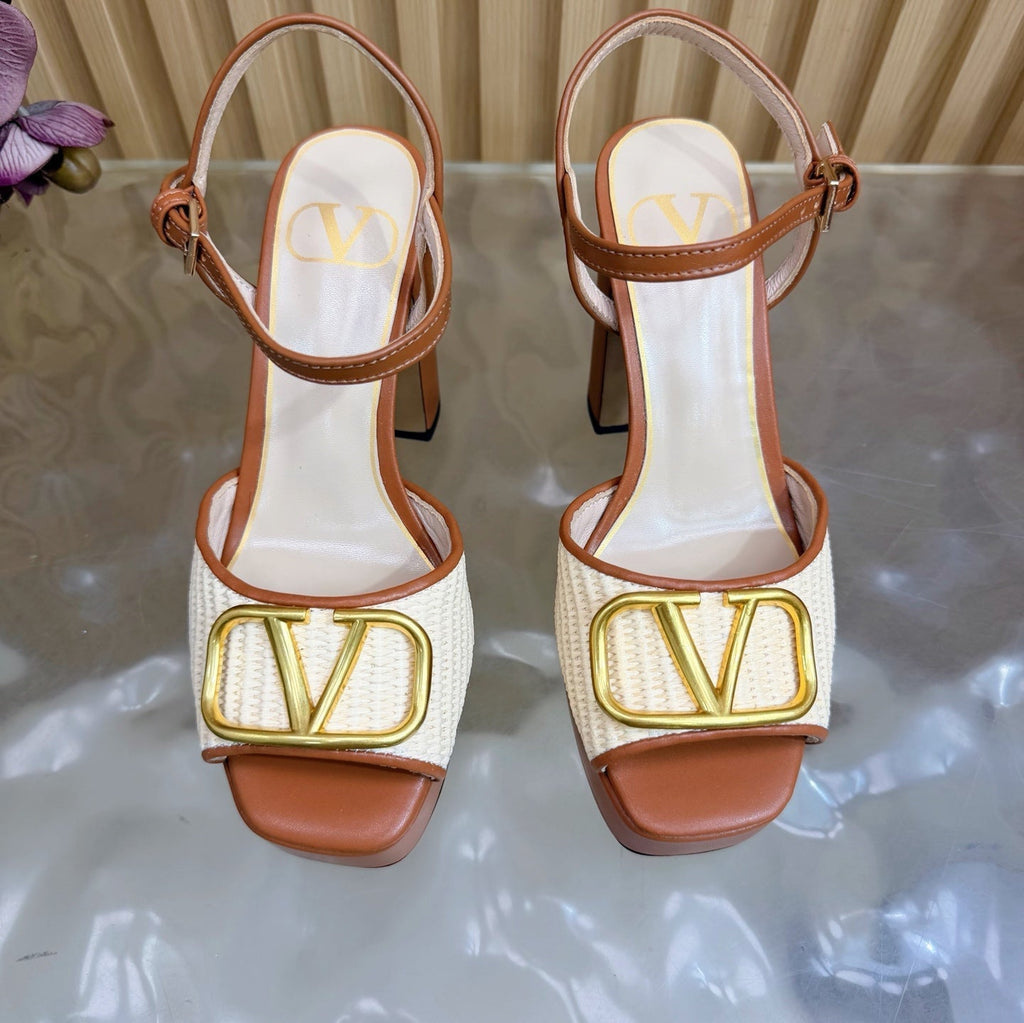 Valentino Signature Platform Sandal Brown Leather Raffia 702268