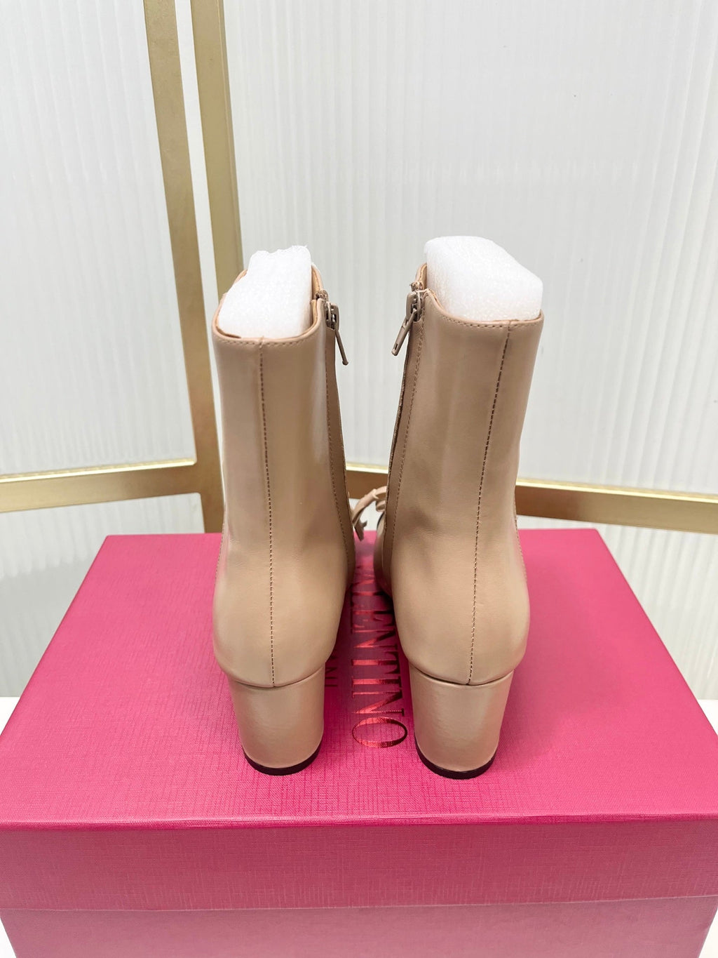 Valentino 2025 Bow Square Toe Zipper Ankle Boot Beige Burgundy Cowhide 549734