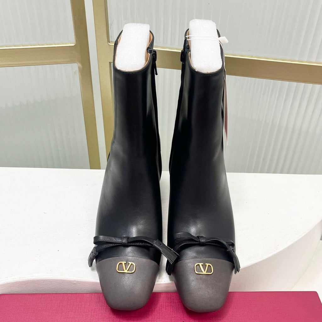 Valentino 2025 Bow Square Toe Zipper Ankle Boot Black Cowhide 549736