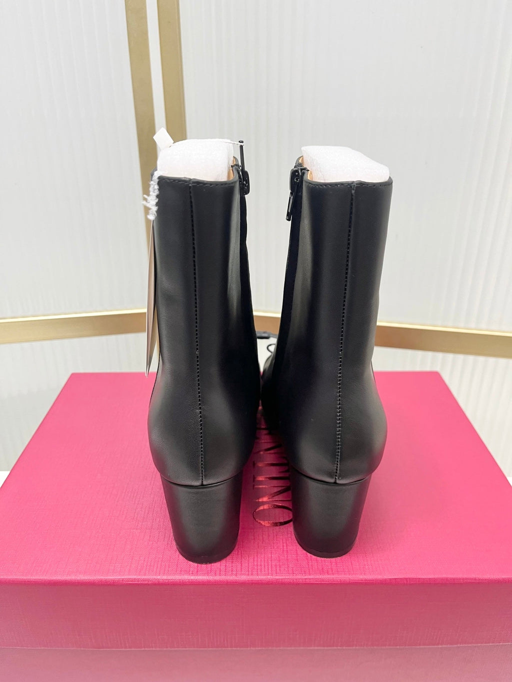Valentino 2025 Bow Square Toe Zipper Ankle Boot Black Cowhide 549736