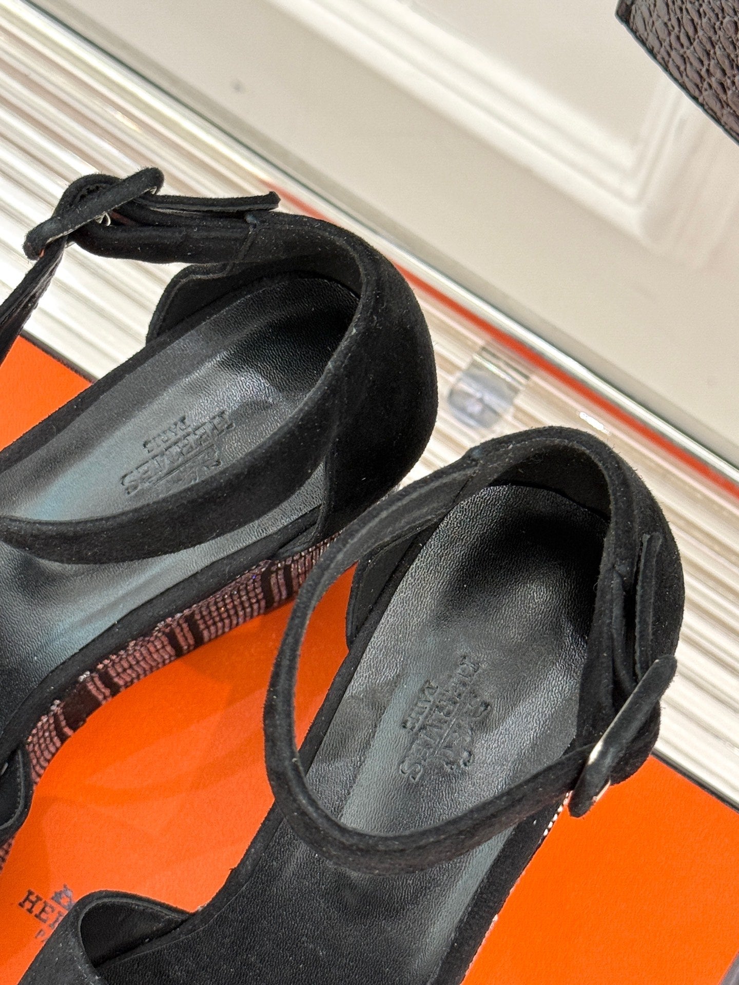 HERMES ILLUSION 35 SANDAL IN BLACK SUEDE WITH RHINESTONE DETAILS