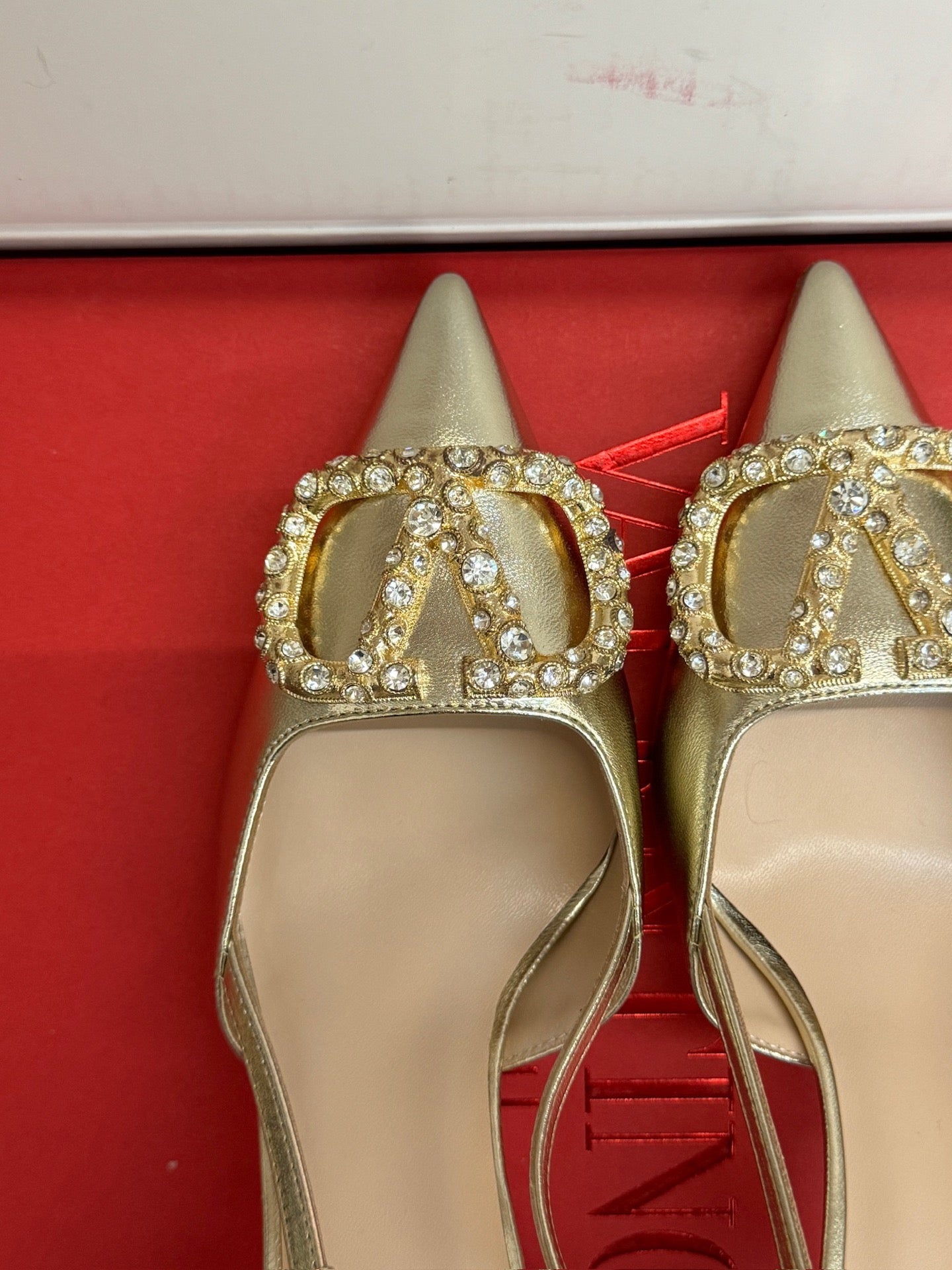 VL 26s High Heel Slingbacks In Metallic Gold Calfskin With Crystal