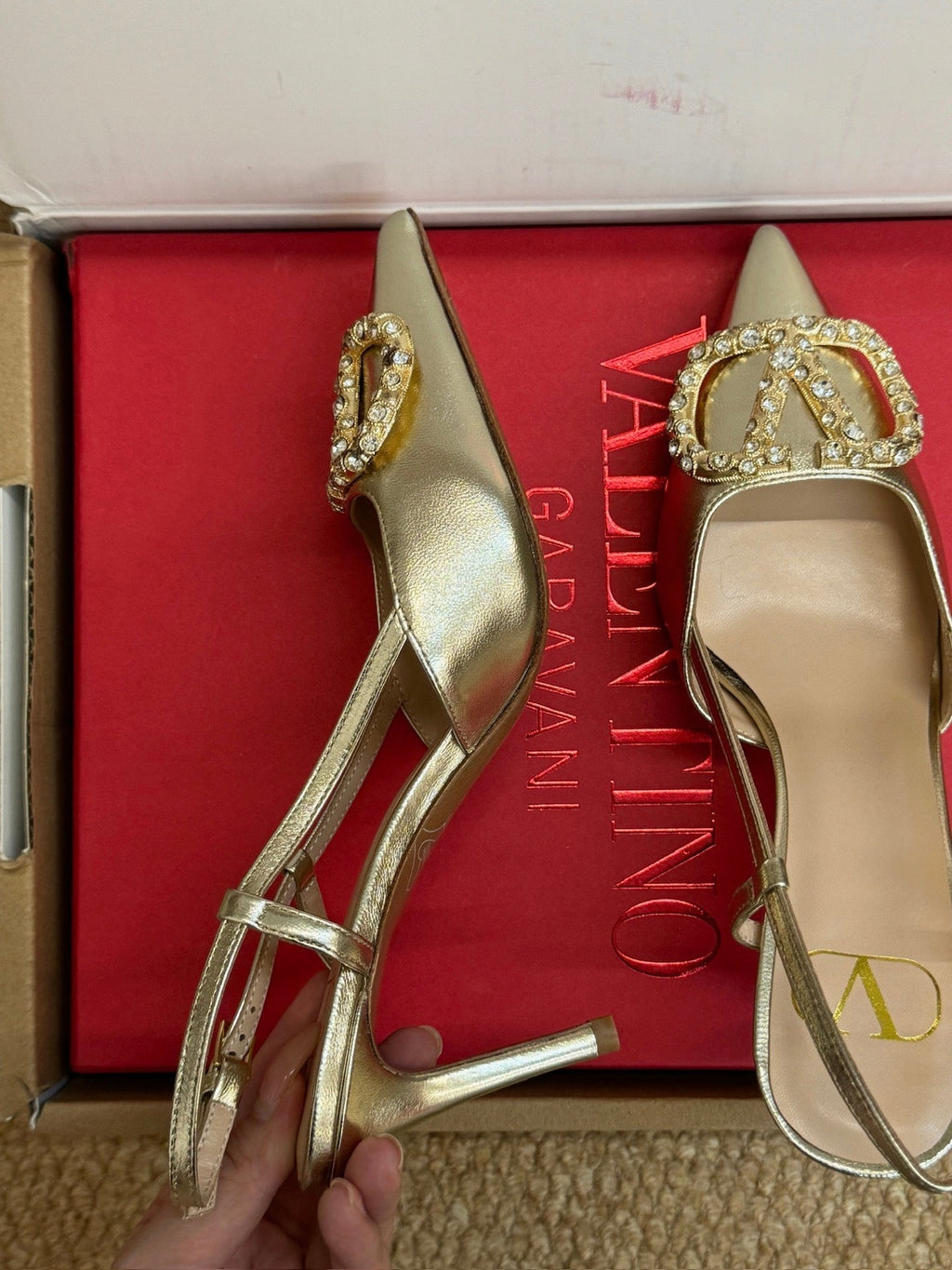 VL 26s High Heel Slingbacks In Metallic Gold Calfskin With Crystal