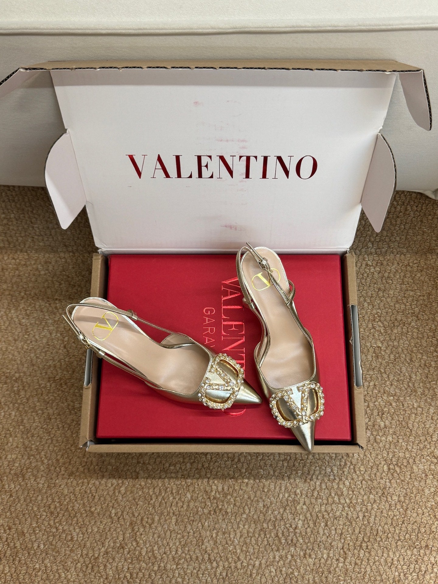 VL 26s High Heel Slingbacks In Metallic Gold Calfskin With Crystal