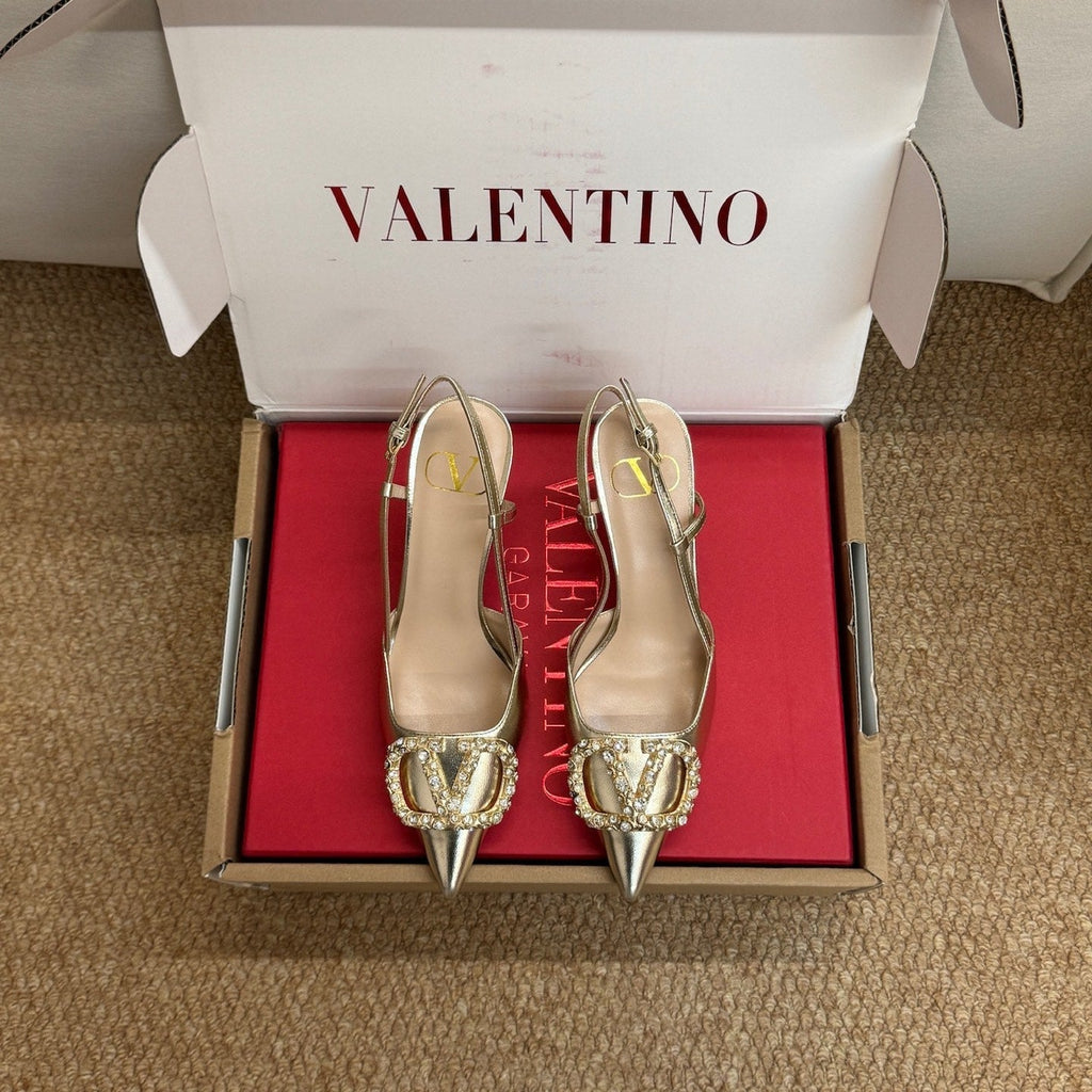 VL 26s High Heel Slingbacks In Metallic Gold Calfskin With Crystal
