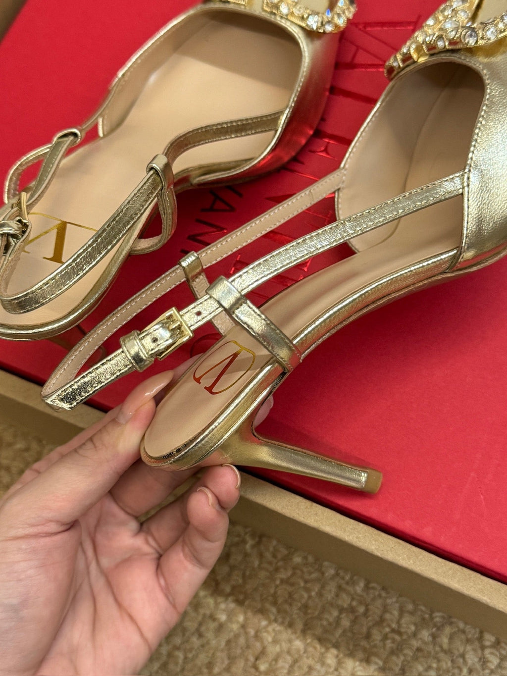 VL 26s High Heel Slingbacks In Metallic Gold Calfskin With Crystal