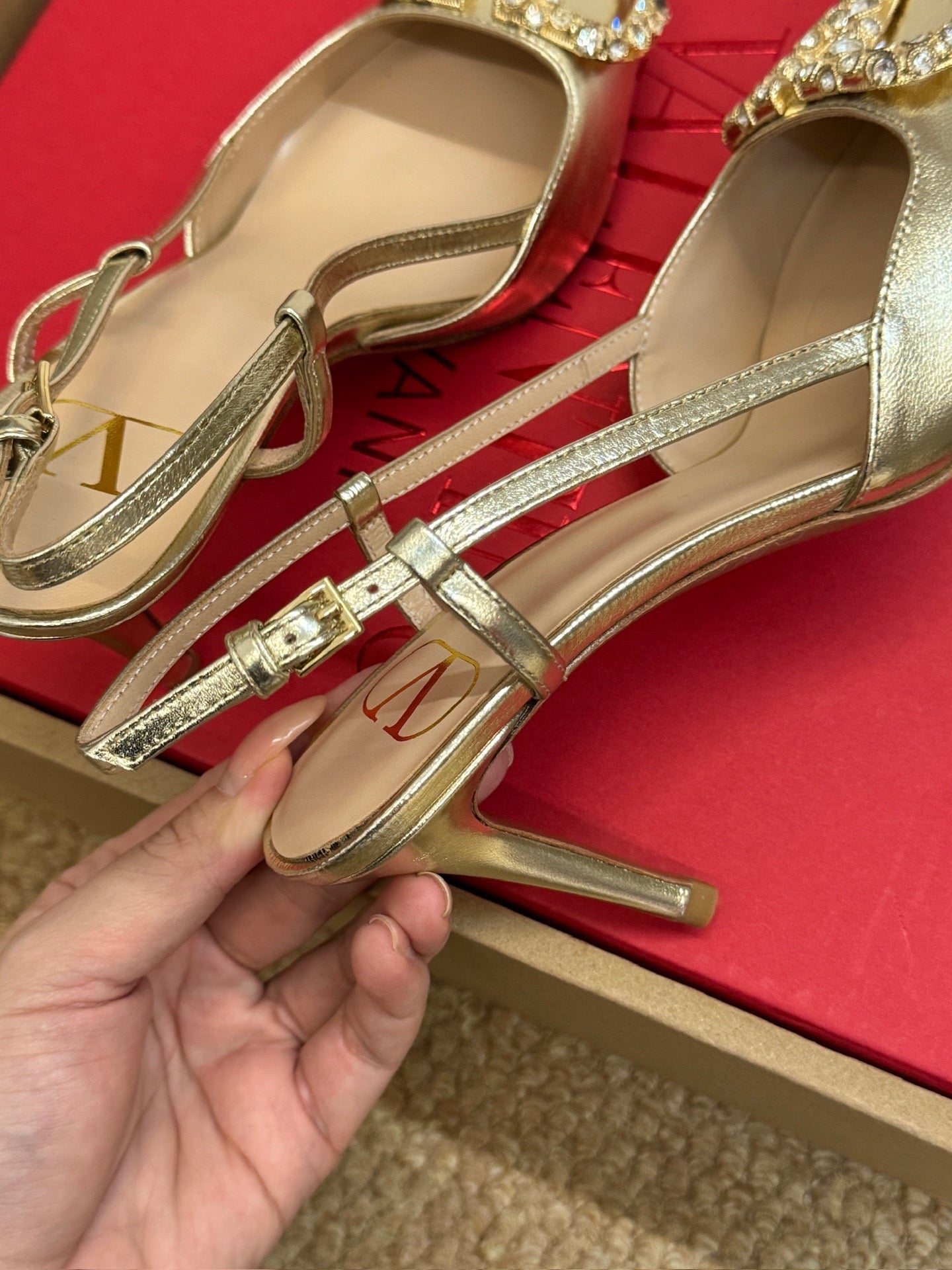 VL 26s High Heel Slingbacks In Metallic Gold Calfskin With Crystal