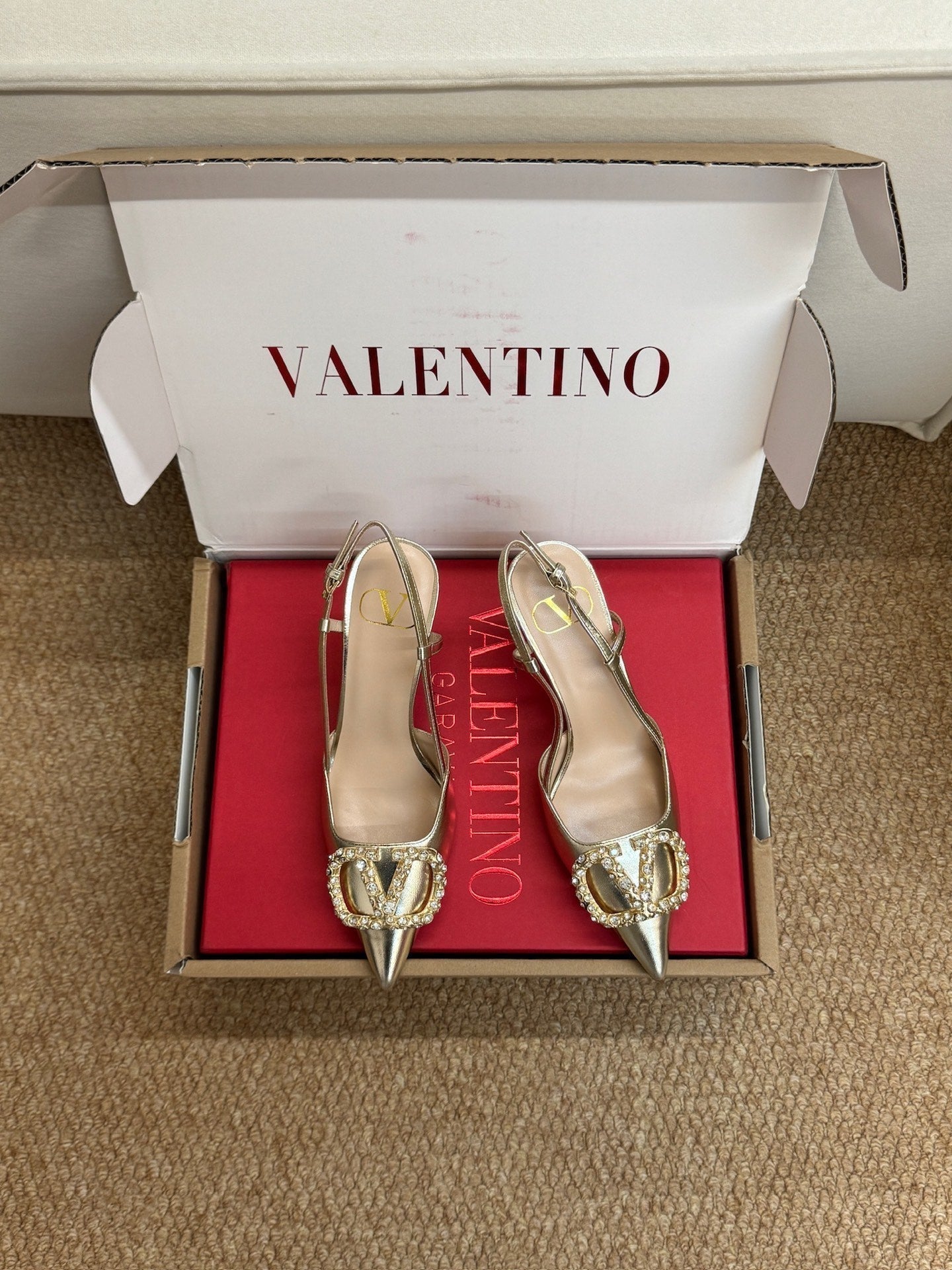 VL 26s High Heel Slingbacks In Metallic Gold Calfskin With Crystal