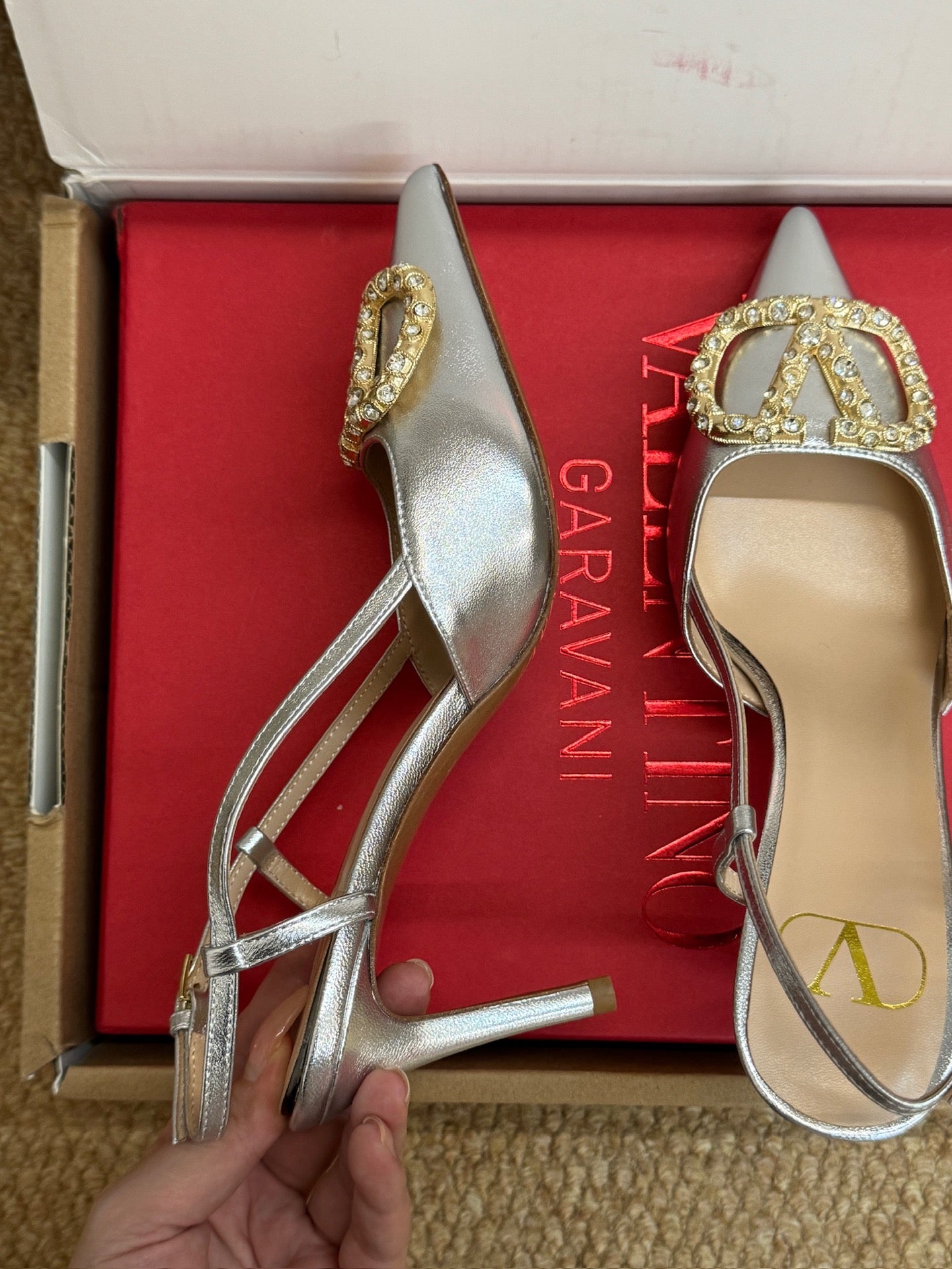 VL 26s High Heel Slingbacks In Metallic Silver Calfskin With Crystal