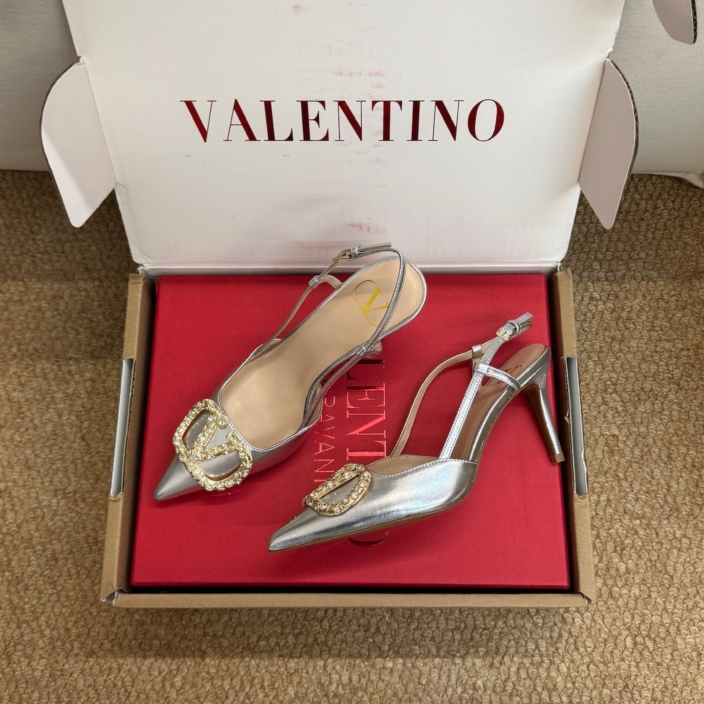 VL 26s High Heel Slingbacks In Metallic Silver Calfskin With Crystal