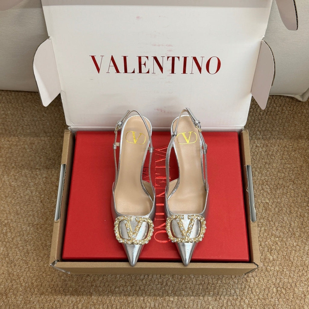 VL 26s High Heel Slingbacks In Metallic Silver Calfskin With Crystal