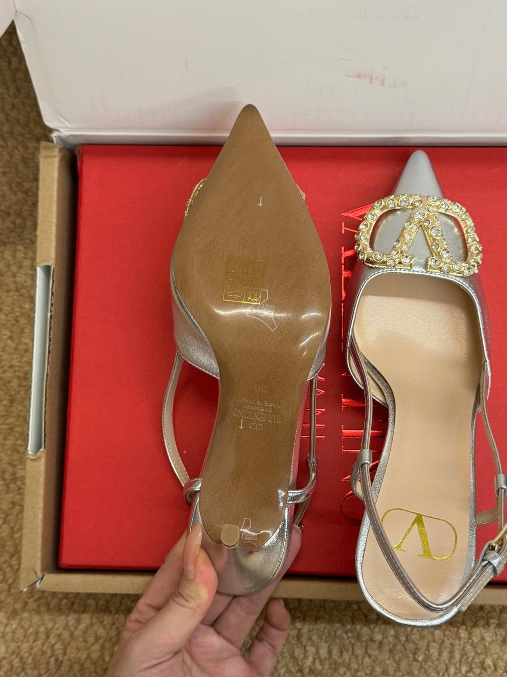 VL 26s High Heel Slingbacks In Metallic Silver Calfskin With Crystal
