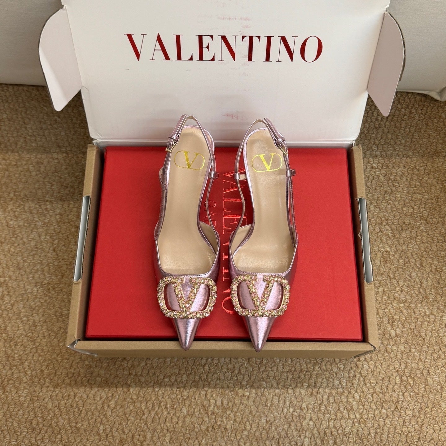 VL 26s High Heel Slingbacks In Metallic Pink Calfskin With Crystal
