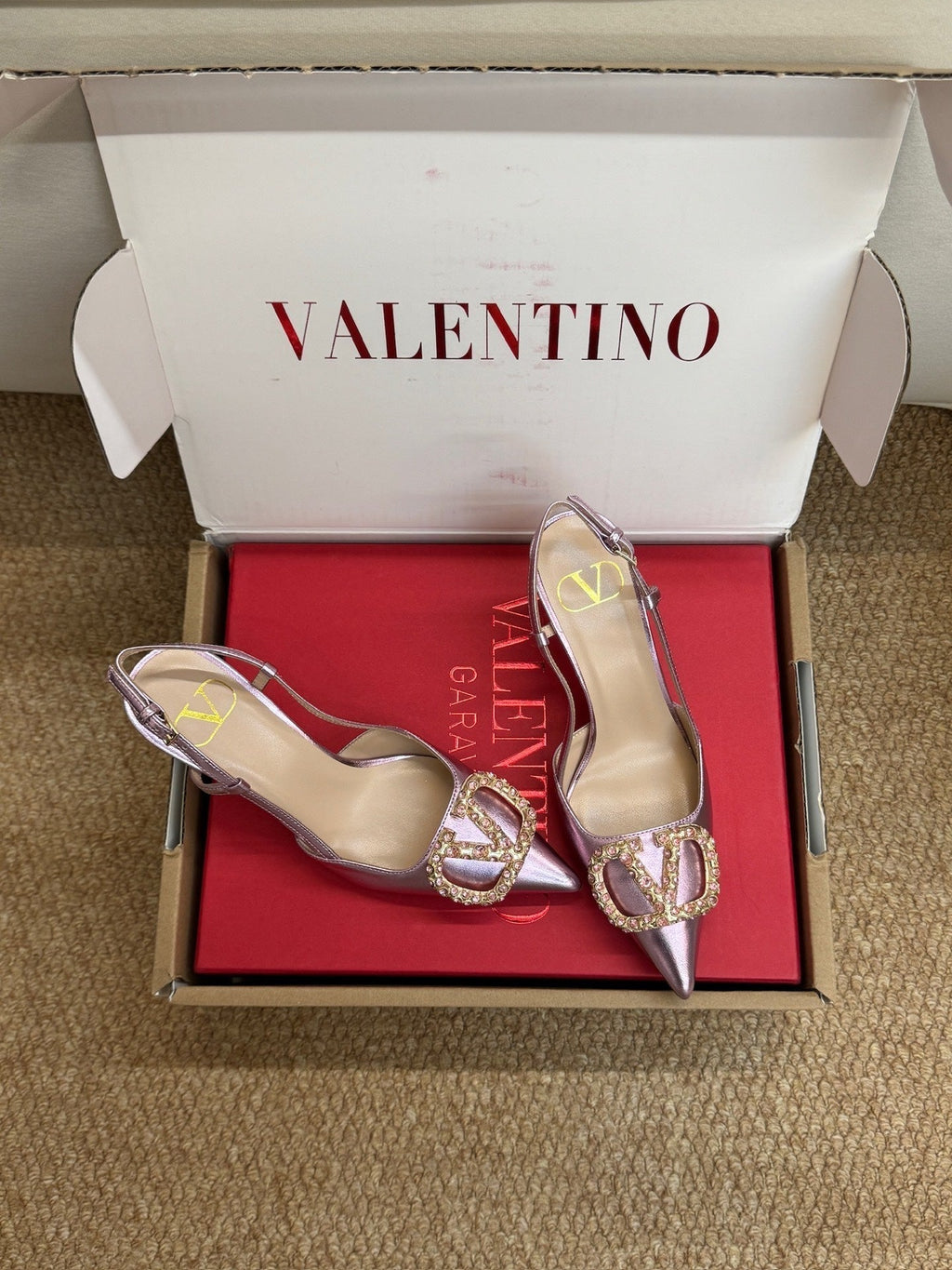 VL 26s High Heel Slingbacks In Metallic Pink Calfskin With Crystal