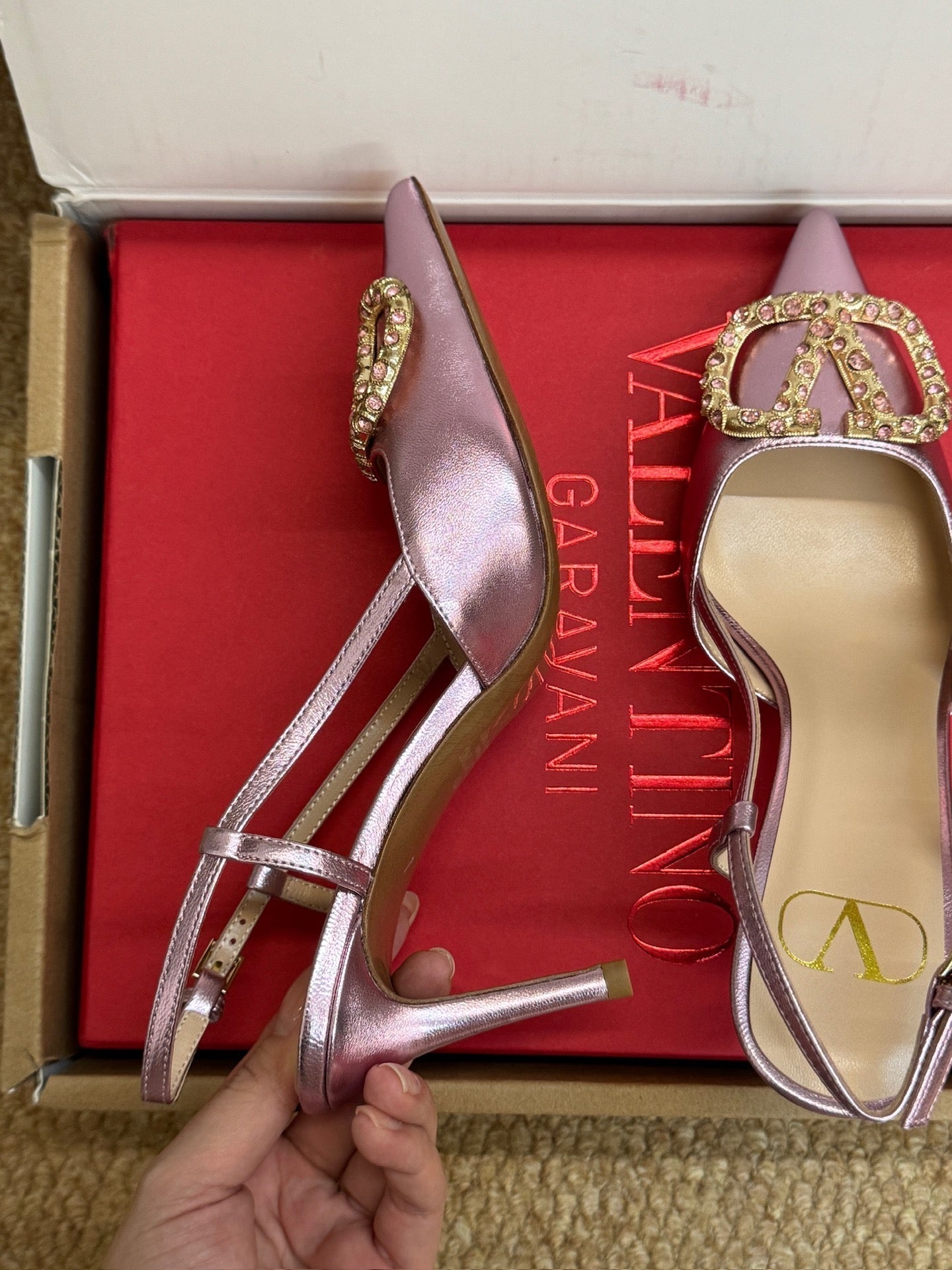 VL 26s High Heel Slingbacks In Metallic Pink Calfskin With Crystal