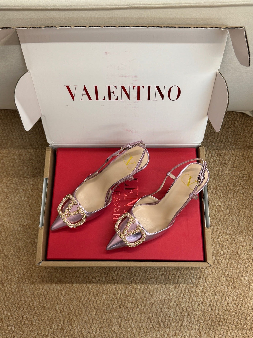 VL 26s High Heel Slingbacks In Metallic Pink Calfskin With Crystal