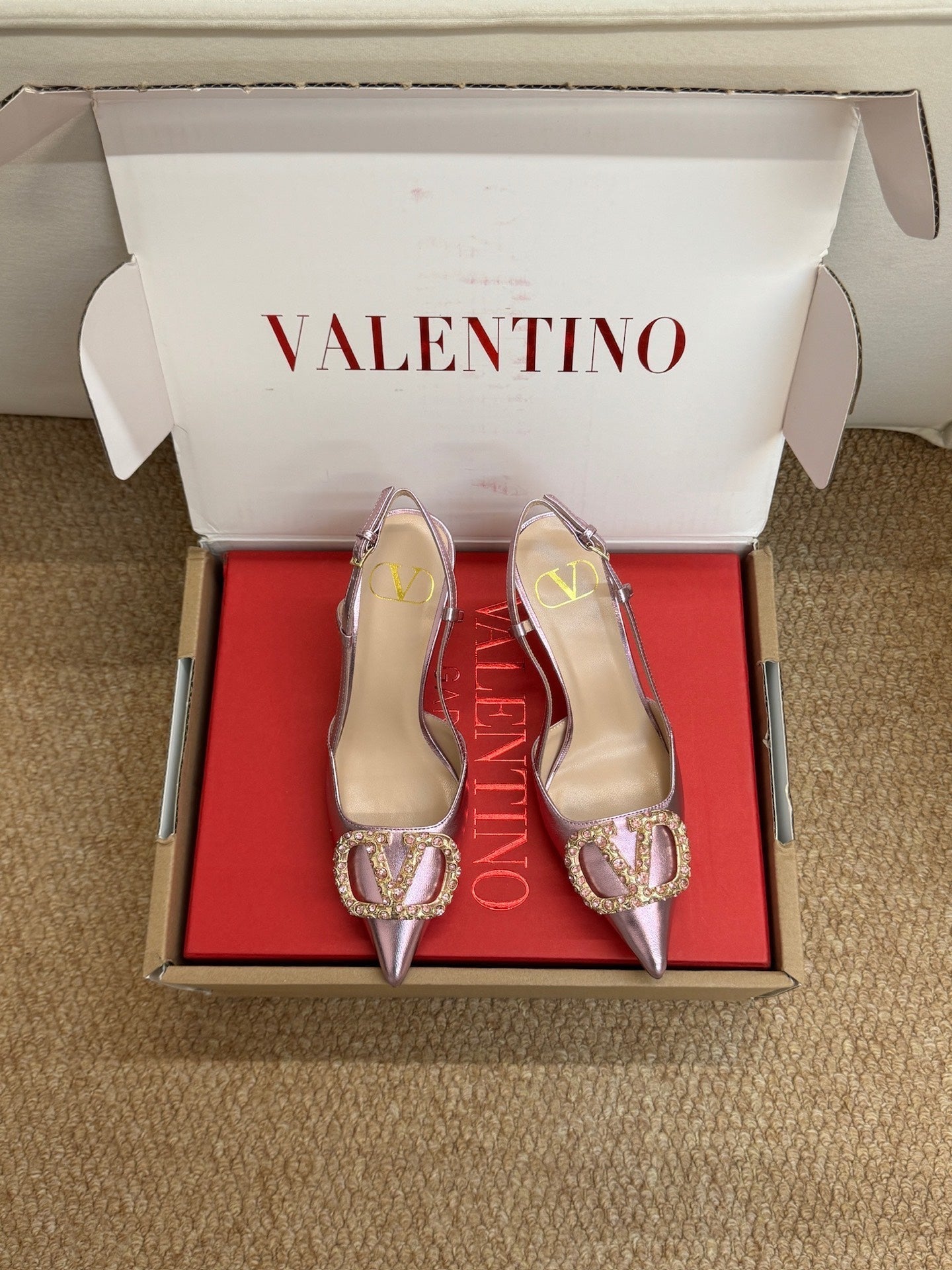 VL 26s High Heel Slingbacks In Metallic Pink Calfskin With Crystal