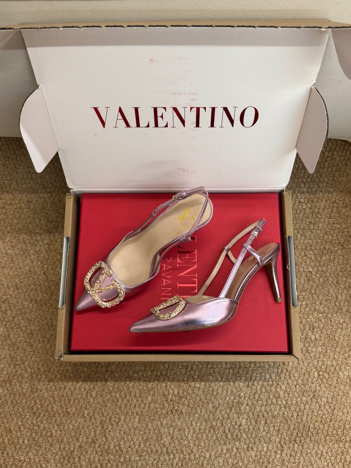 VL 26s High Heel Slingbacks In Metallic Pink Calfskin With Crystal