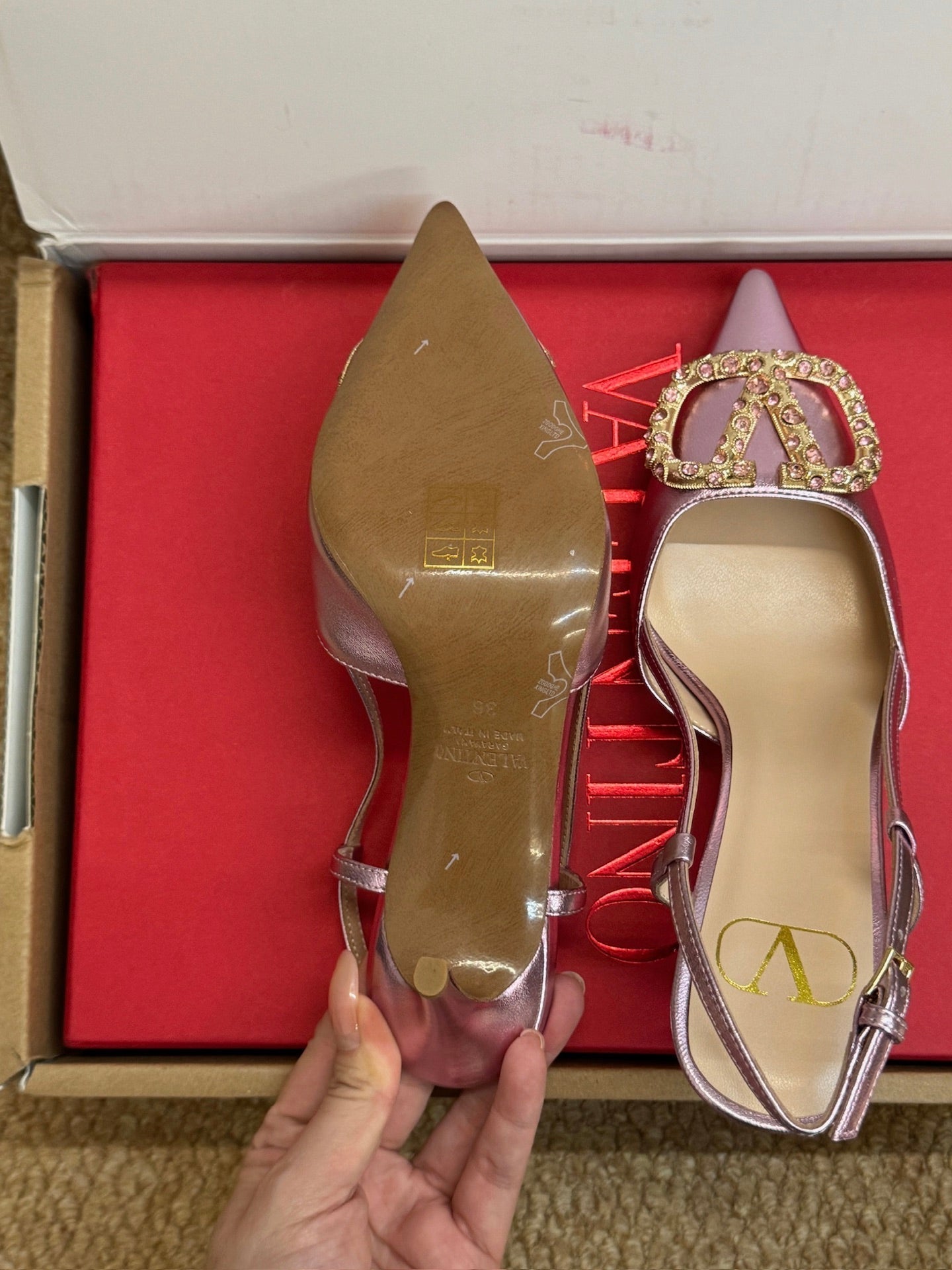 VL 26s High Heel Slingbacks In Metallic Pink Calfskin With Crystal