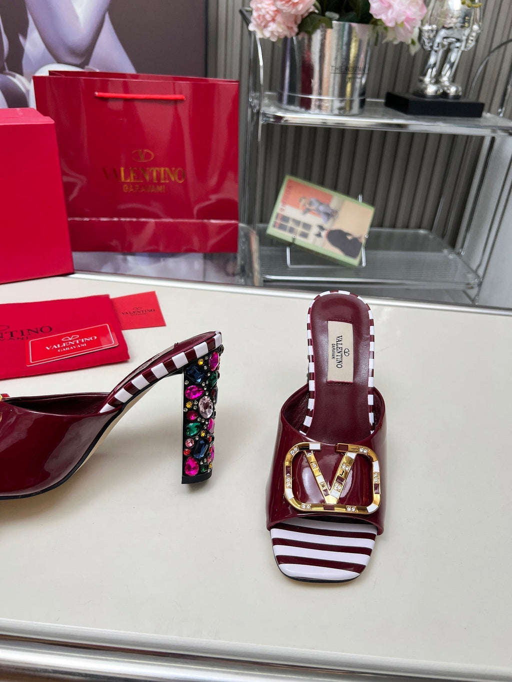 VT Vlogo High-Heeled Sandals 10.5cm Wine Red Leather 625760