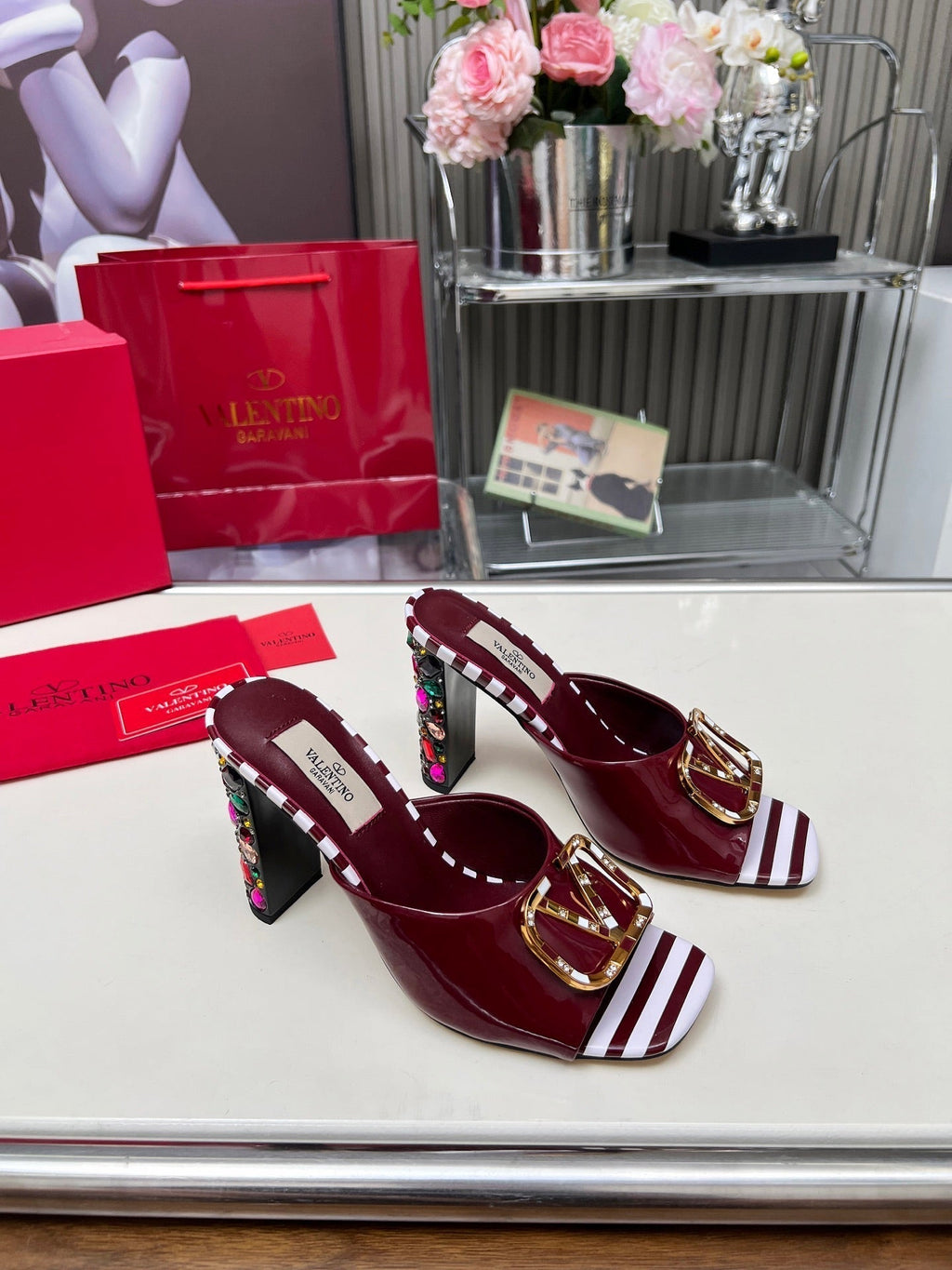VT Vlogo High-Heeled Sandals 10.5cm Wine Red Leather 625760