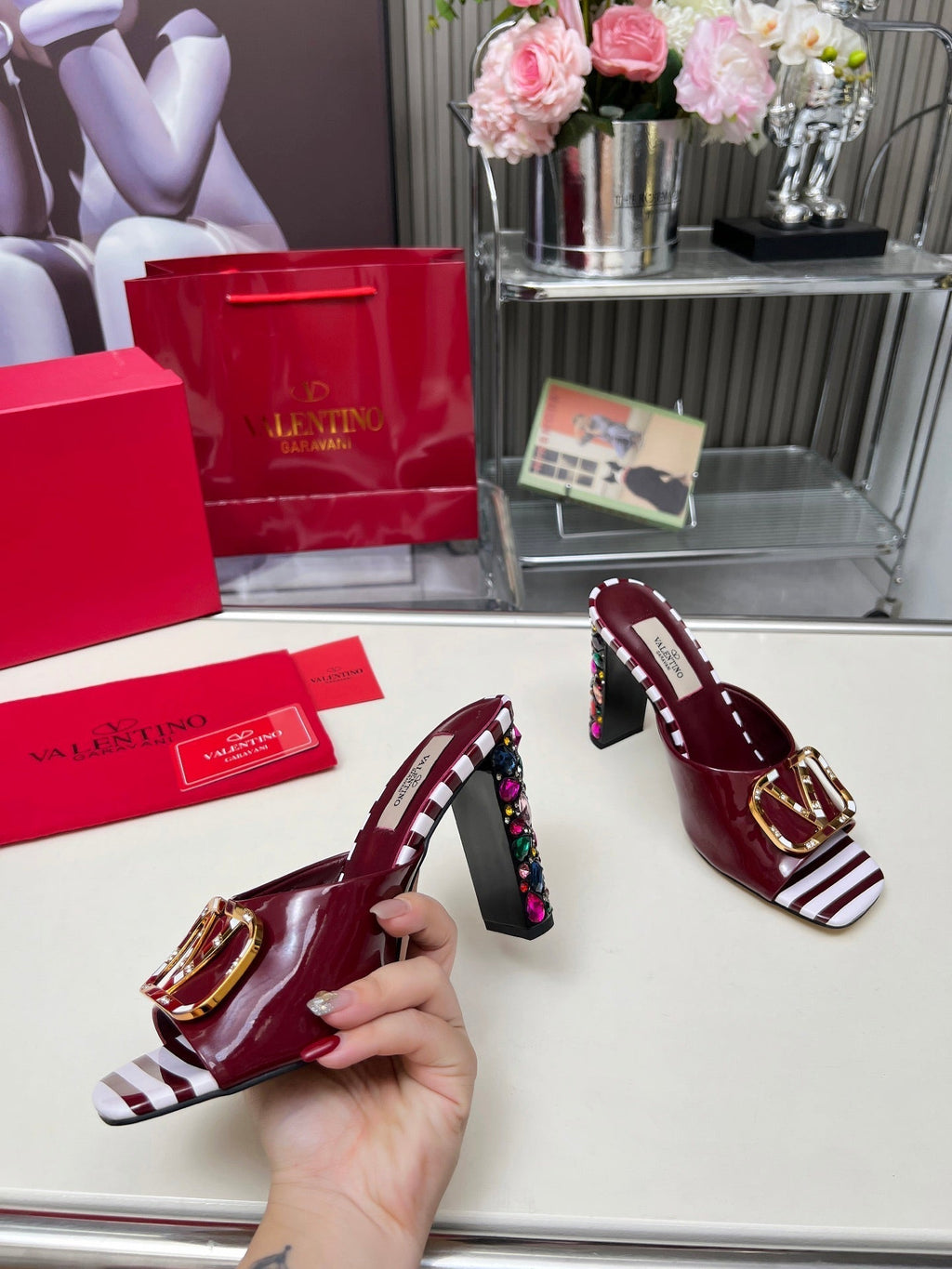VT Vlogo High-Heeled Sandals 10.5cm Wine Red Leather 625760