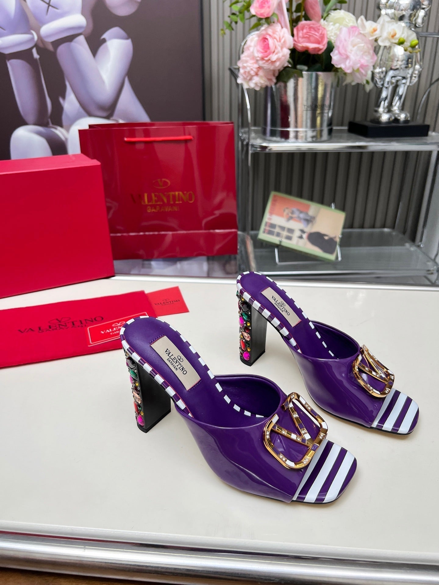 VT Vlogo High-Heeled Sandals 10.5cm Purple White Patent Leather 625763