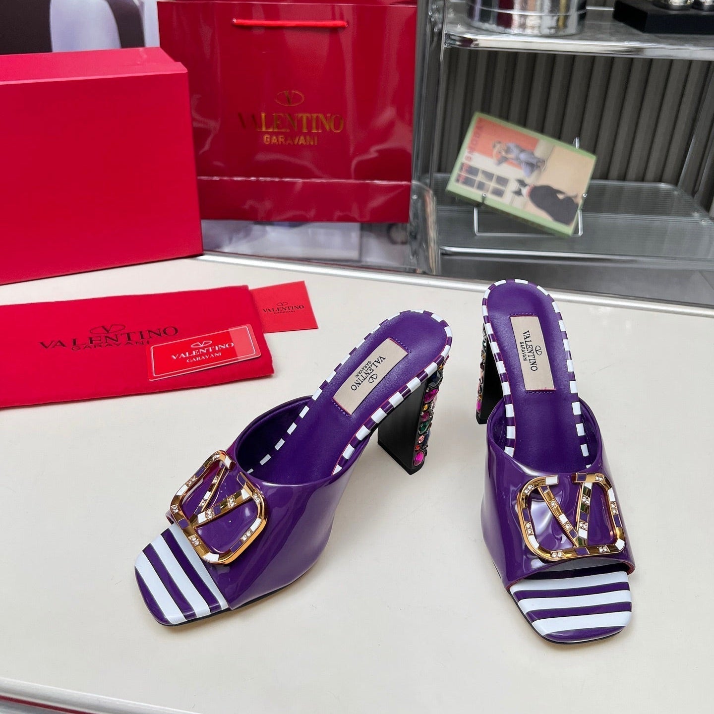 VT Vlogo High-Heeled Sandals 10.5cm Purple White Patent Leather 625763