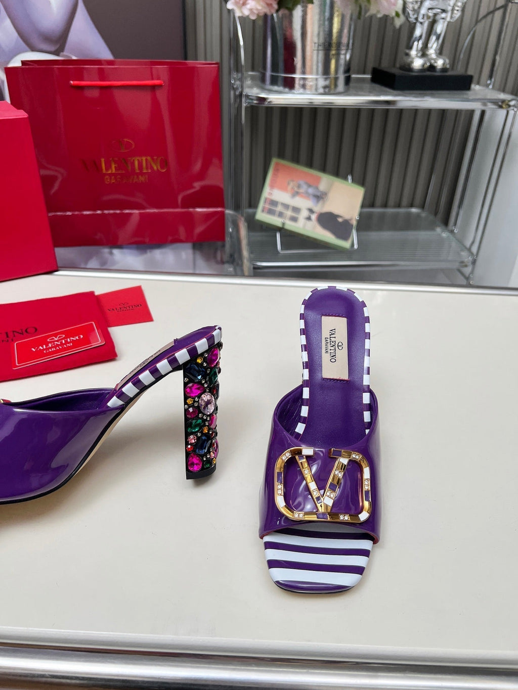 VT Vlogo High-Heeled Sandals 10.5cm Purple White Patent Leather 625763