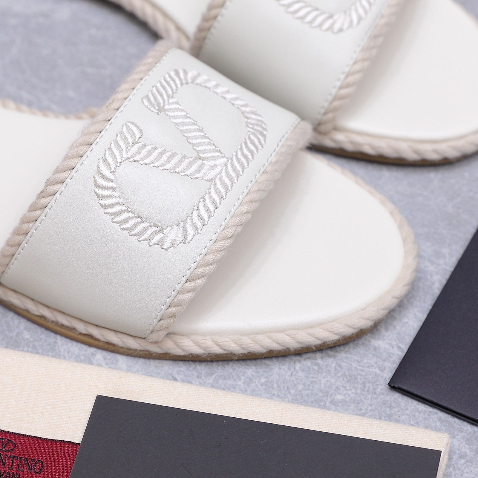 VLTN Torchon Slide Sandal White Leather Canvas 941249